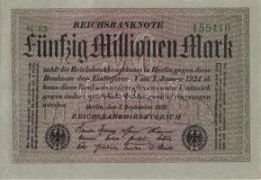 Német Birodalom / Weimari Köztársaság 1923. 50.000.000M (4x) szürke papíron, egymás utáni sorszámokk...