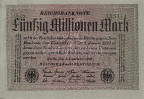 Német Birodalom / Weimari Köztársaság 1923. 50.000.000M (4x) szürke papíron, egymás utáni sorszámokk...