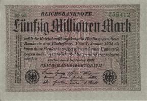 Német Birodalom / Weimari Köztársaság 1923. 50.000.000M (4x) szürke papíron, egymás utáni sorszámokk...