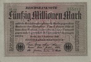 Német Birodalom / Weimari Köztársaság 1923. 50.000.000M (5x) szürke papíron, egymás utáni sorszámokkal T:I