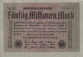 Német Birodalom / Weimari Köztársaság 1923. 50.000.000M (5x) szürke papíron, egymás utáni sorszámokk...