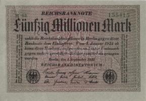 Német Birodalom / Weimari Köztársaság 1923. 50.000.000M (5x) szürke papíron, egymás utáni sorszámokk...