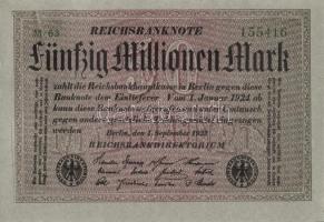 Német Birodalom / Weimari Köztársaság 1923. 50.000.000M (5x) szürke papíron, egymás utáni sorszámokk...