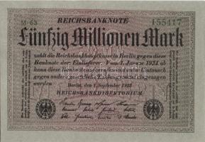 Német Birodalom / Weimari Köztársaság 1923. 50.000.000M (5x) szürke papíron, egymás utáni sorszámokk...