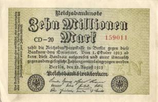 Német Birodalom / Weimari Köztársaság 1923. 10.000.000M (3x) kis ugrású sorszámokkal T:I,II+