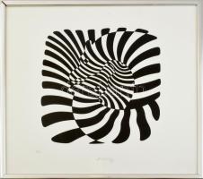 Vasarely, Victor (1908-1997): Zebrák. Szitanyomat, papír, jelzett a nyomaton, számozott (6/90). Üvegezett, sérült fakeretben, 48x48 cm / Vasarely, Victor (1908-1997): Zebras. Screenprint on paper, with printed signature, numbered (6/90), framed, 48×48 cm
