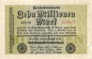 Német Birodalom / Weimari Köztársaság 1923. 10.000.000M (5x) kis ugrású ill. egymás utáni sorszámokk...