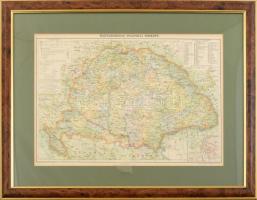 cca 1900 Magyarország politikai térképe, 1:2.400.000, Magyar Földrajzi Intézet, üvegezett fakeretben, 29x42 cm