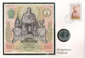 Thaiföld Thaiföldi királyi család érmés és bankjegyes borítékban 1992. 2B Cu-Ni IX Ráma érmével és 1982. 60B Király 60. születésnapja bankjeggyel, német leírással T:AU,UNC Thailand Thailand Royal Family envelope with coin and banknote 1992. 2 Baht Rama IX coin + 1982. 60 Baht Kings 60th Birthday banknote C:AU,UNC