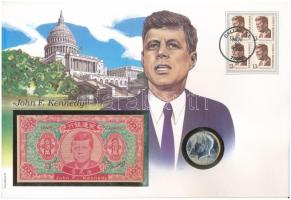 Amerikai Egyesült Államok John F. Kennedy érmés és bankjegyes felbélyegzett boríték, bélyegzéssel, német leírással, benne 1968. 1/2$ Ag Kennedy érmével és 1.000.000 égetési pénzzel (Hell banknote) T:AU patina  USA John F. Kennedy coin and banknote envelope with stamp, cancellation, a prospectus in german, in it 1968. 1/2 Dollar Ag Kennedy and 1.000.000 Hell banknote C:AU patina
