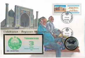 Üzbegisztán érmés és bankjegyes, pecsételt boríték benne Szovjetunió 1989. 5R Cu-Ni Samarkand érmével és Üzbegisztán 1992. 3S-os bankjeggyel, német nyelvű leírással T:PP,UNC patina