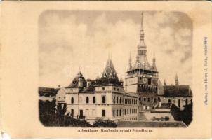 Segesvár, Schässburg, Sighisoara; Alberthaus (Knabeninternat), Stundthurm / Albert ház (bentlakásos fiúiskola), óratorony. Photog. von Herrn G. Roth / boys' boarding school, clocktower (non PC) (EM)