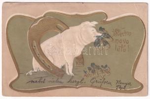 1904 Srecno novo leto! / Szecessziós dombornyomott újévi üdvözlet malaccal / New Year greeting, Art Nouveau embossed litho with pig (r)