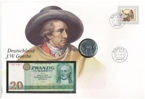 NDK / NSZK érmés és bankjegyes, pecsételt boríték benne NSZK 1982. 5M Cu-Ni Johann Wolfgang Goethe halálának 150. évfordulój érmével és NDK 1975. 20M-ás bankjeggyel, német nyelvű leírással T:UNC