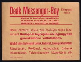 cca 1940 Deák-Messenger Boy gyorsküldönc szolgálat reklám nyomtatvány