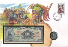 Mexikó Cuauhtémoc érmés és bankjegyes, pecsételt boríték benne 1982. 50c Cu-Ni érmével és 1974. 1000P bankjeggyel T:UNC