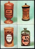 10 db régi gyógyszerész edényeket bemutató modern fotó sorozat 18x12 cm Hátulján gyógyszer reklámokkal