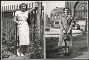 cca 1930 Egy lány különböző ruhákban 7 db fotó, egyiken a Keleti pályaudvarral 18x16 cm