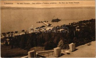 1911 Crikvenica, Cirkvenica; Na molu Therapije / Hajó érkezés a Therapia mólójához / Am Molo des Hotels Therapia / hotel, arriving steamship
