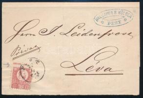 1873 Látványosan elfogazott Réznyomat 5kr levélen "PEST" - Léva + kék cégbélyegző / Mi 10 with strongly shifted perforation on cover