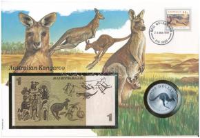 Ausztrália 1993C 1D Ag Kenguru (~31,10g/0.999) emlékérme + 1982-1983. 1D papírránccal, felbélyegzett borítékban, bélyegzéssel T:UNC patina, UNC Australia 1993C 1 Dollar Ag Kangaroo (~31,10g/0.999) commemorative coin + 1982-1983. 1 Dollar with printing crease in envelope with stamp C:UNC patina, UNC