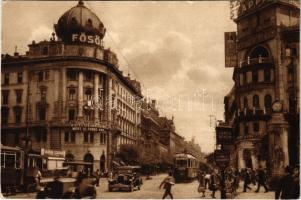 Budapest VIII. Rákóczi út, Blaha Lujza tér, villamosok, autó, Fanti Benzin, gyógyszertár, Fősör, A Divatcsarnokban most 12 fürdő nap, Harang szappan reklám (EK)