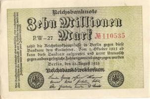 Német Birodalom / Weimari Köztársaság 1923. 10.000.000M (5x) egymás utáni ill. kis ugrású sorszámokk...