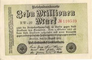 Német Birodalom / Weimari Köztársaság 1923. 10.000.000M (5x) egymás utáni ill. kis ugrású sorszámokk...