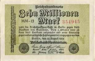 Német Birodalom / Weimari Köztársaság 1923. 10.000.000M (4x) "Wellen" vízjellel, köztük kis ugrású sorszámokkal T:II