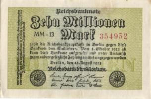 Német Birodalom / Weimari Köztársaság 1923. 10.000.000M (4x) "Wellen" vízjellel, köztük ki...