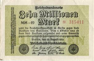 Német Birodalom / Weimari Köztársaság 1923. 10.000.000M (4x) "Wellen" vízjellel, köztük ki...