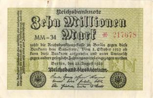 Német Birodalom / Weimari Köztársaság 1923. 10.000.000M (6x) közte kis ugrású ill. egymás utáni sors...