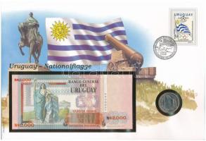 Uruguay 1981. 5P Cu-Ni + 1989. 2000P felbélyegzett borítékban, bélyegzéssel T:UNC, UNC Uruguay 1981. 5 Pesos Cu-Ni + 1989. 2000 Pesos in envelope with stamp and cancellation C:UNC, UNC