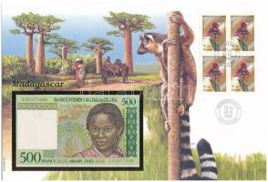 Madagaszkár 1994-1996. 500Fr felbélyegzett borítékban, bélyegzéssel T:UNC Madagascar 1994-1996. 500 Francs in envelope with stamp and cancellation C:UNC