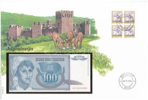 Jugoszlávia 1992. 100D felbélyegzett borítékban, bélyegzéssel T:UNC Yugoslavia 1992. 100 Dinara in envelope with stamp and cancellation C:UNC