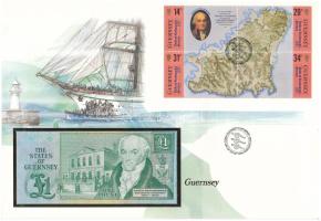Guernsey 1980-1989. 1P felbélyegzett borítékban, bélyegzéssel T:UNC Guernsey 1980-1989. 1 Pound in envelope with stamp and cancellation C:UNC