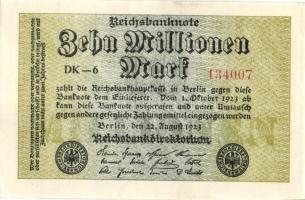 Német Birodalom / Weimari Köztársaság 1923. 10.000.000M (5x) kis ugrású ill. egymás utáni sorszámokk...