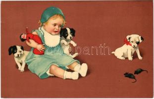 1910 Kisbaba kis kutyákkal és egerekkel / Baby with puppies and mice. Meissner & Buch Künstler-Postkarten Serie 1718. Kinderspiel litho