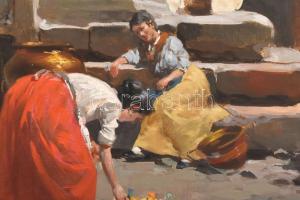 Vízkeleti Witmann Eta (1882-1962): Hölgyek a kútnál. Olaj, vászon, jelezve jobbra lent, 60x50 cm. De...