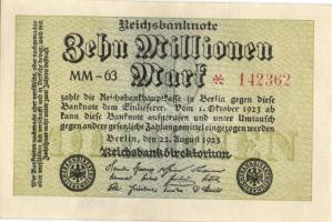 Német Birodalom / Weimari Köztársaság 1923. 10.000.000M (4x) közte egymás utáni ill. kis ugrású sorszámokkal T:I,I-,II+