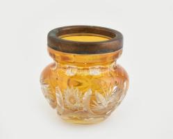 Ezüst(Ag) peremű ólomkristály váza, jelzett, metszett, m: 8,5 cm, d: 6,5 cm