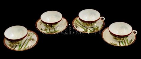 Kínai bambusz mintás porcelán csésze és alj, 4 db, kézzel festett, jelzett, kis kopássokkal, lepattanással