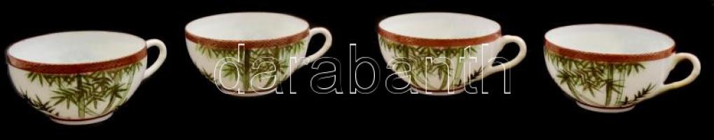 Kínai bambusz mintás porcelán csésze és alj, 4 db, kézzel festett, jelzett, kis kopássokkal, lepatta...