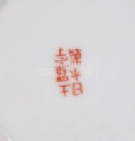 Kínai bambusz mintás porcelán csésze és alj, 4 db, kézzel festett, jelzett, kis kopássokkal, lepatta...