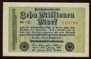 Német Birodalom / Weimari Köztársaság 1923. 10.000.000M (5x) kis ugrású ill. egymás utáni sorszámokk...