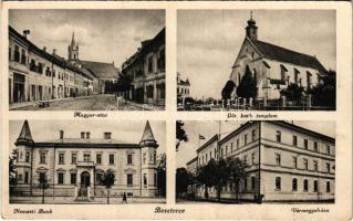 Beszterce, Bistritz, Bistrita; Magyar utca, Görög katolikus templom, nemzeti bank, Vármegyeháza / street, church, bank, county hall (r)