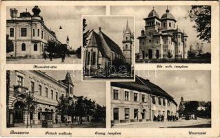 Beszterce, Bistritz, Bistrita; Mussolini utca, Görög ortodox és evangélikus templom, utca, Fritsch szálloda / streets, Greek Ortodox and Lutheran churches, hotel (r)