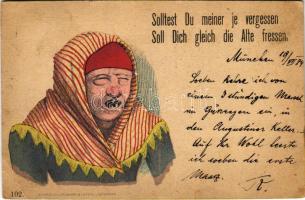 1884 (Vorläufer) Solltest du meiner je vergessen, Soll Dich gleich die Alte fressen / Nagyon korai német humoros lap / German very early humorous postcard. L. Zrenner 102. litho (vágott / cut)