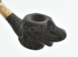 Kerámia ópium pipa Elefánt fejjel. Fém borítással 17 cm