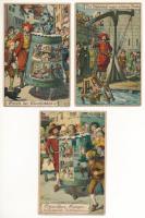 3 db régi E. Nister humoros litho művészlap középkori kínzásokról / 3 pre-1945 E. Nister humorous litho art postcards about Mediavel tortures